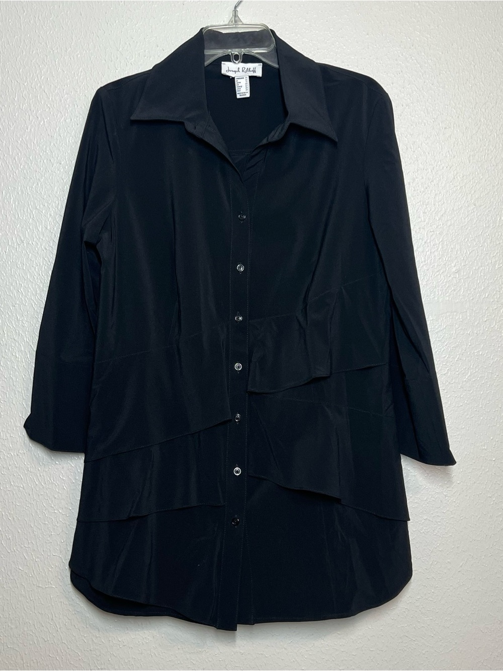 Joseph Ribkoff Tunic Top Black Asymmetric Ruffle Button Up Women's Size US 12